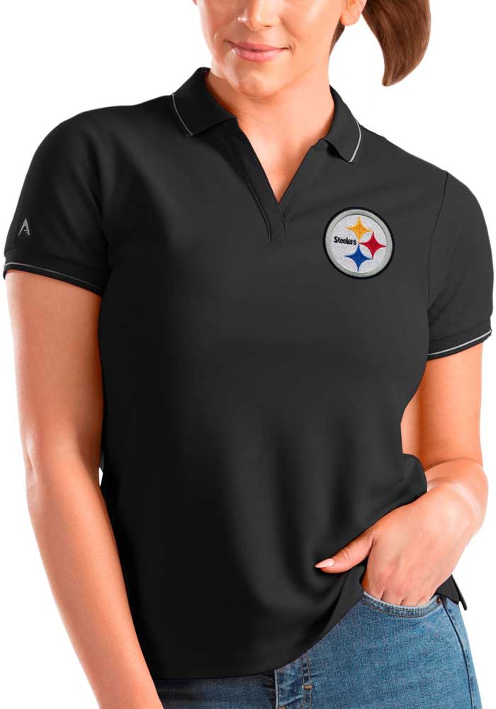 Antigua Pittsburgh Steelers Womens Black Affluent Short Sleeve Polo Shirt