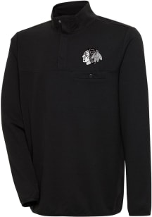 Antigua Chicago Blackhawks Mens Black Metallic Logo Steamer Long Sleeve 1/4 Zip Pullover