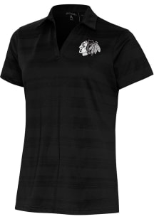 Antigua Chicago Blackhawks Womens Black Metallic Logo Compass Short Sleeve Polo Shirt
