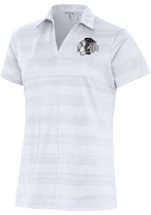 Antigua Chicago Blackhawks Womens White Metallic Logo Compass Short Sleeve Polo Shirt