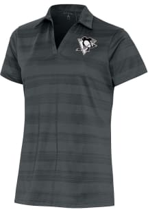 Antigua Pittsburgh Penguins Womens Grey Metallic Logo Compass Short Sleeve Polo Shirt