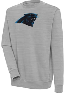 Antigua Carolina Panthers Mens Grey Chenille Logo Victory Long Sleeve Crew Sweatshirt