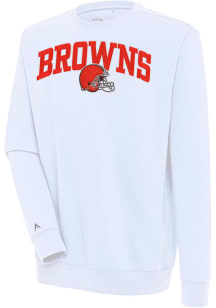 Antigua Cleveland Browns Mens White Chenille Logo Victory Long Sleeve Crew Sweatshirt