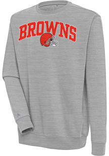 Antigua Cleveland Browns Mens Grey Chenille Logo Victory Long Sleeve Crew Sweatshirt