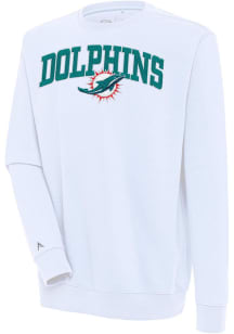 Antigua Miami Dolphins Mens White Chenille Logo Victory Long Sleeve Crew Sweatshirt