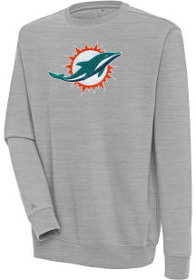 Antigua Miami Dolphins Mens Grey Chenille Logo Victory Long Sleeve Crew Sweatshirt