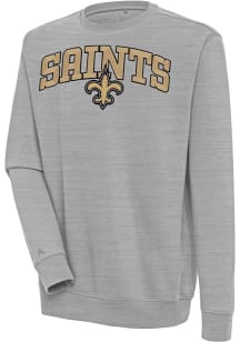 Antigua New Orleans Saints Mens Grey Chenille Logo Victory Long Sleeve Crew Sweatshirt