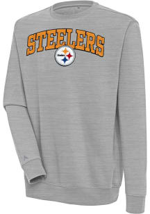 Antigua Pittsburgh Steelers Mens Grey Chenille Logo Victory Long Sleeve Crew Sweatshirt