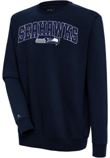 Antigua Seattle Seahawks Mens Navy Blue Chenille Logo Victory Long Sleeve Crew Sweatshirt