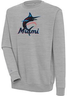 Antigua Miami Marlins Mens Grey Victory Long Sleeve Crew Sweatshirt