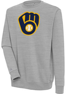 Antigua Milwaukee Brewers Mens Grey Victory Long Sleeve Crew Sweatshirt