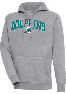 Antigua Miami Dolphins Mens Grey Chenille Logo Victory Long Sleeve Hoodie