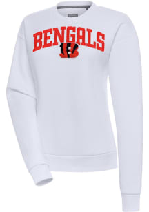 Antigua Cincinnati Bengals Womens White Chenille Logo Victory Crew Sweatshirt