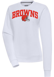 Antigua Cleveland Browns Womens White Chenille Logo Victory Crew Sweatshirt