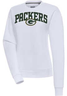 Antigua Green Bay Packers Womens White Chenille Logo Victory Crew Sweatshirt