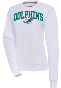 Antigua Miami Dolphins Womens White Chenille Logo Victory Crew Sweatshirt
