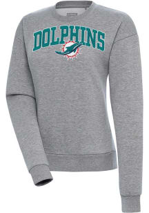 Antigua Miami Dolphins Womens Grey Chenille Logo Victory Crew Sweatshirt