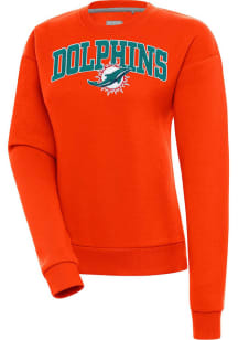 Antigua Miami Dolphins Womens Orange Chenille Logo Victory Crew Sweatshirt