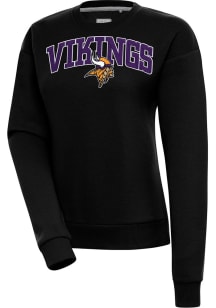 Antigua Minnesota Vikings Womens Black Chenille Logo Victory Crew Sweatshirt