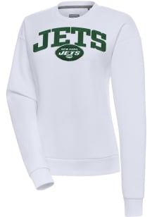 Antigua New York Jets Womens White Chenille Logo Victory Crew Sweatshirt