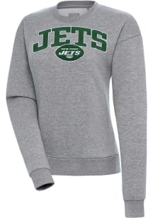 Antigua New York Jets Womens Grey Chenille Logo Victory Crew Sweatshirt