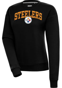 Antigua Pittsburgh Steelers Womens Black Chenille Logo Victory Crew Sweatshirt