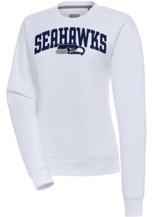 Antigua Seattle Seahawks Womens White Chenille Logo Victory Crew Sweatshirt