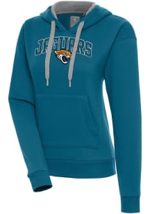 Antigua Jacksonville Jaguars Womens Teal Chenille Logo Victory Long Sleeve Pullover