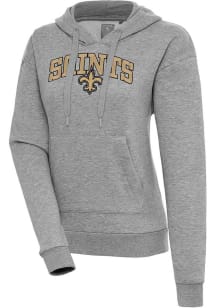 Antigua New Orleans Saints Womens Grey Chenille Logo Victory Long Sleeve Pullover