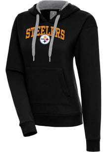 Antigua Pittsburgh Steelers Womens Black Chenille Logo Victory Long Sleeve Pullover