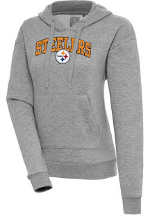 Antigua Pittsburgh Steelers Womens Grey Chenille Logo Victory Long Sleeve Pullover