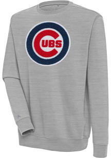 Antigua Chicago Cubs Mens Grey Chenille Logo Victory Long Sleeve Crew Sweatshirt