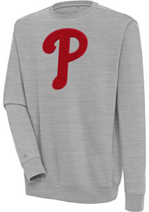 Antigua Philadelphia Phillies Mens Grey Chenille Logo Victory Long Sleeve Crew Sweatshirt