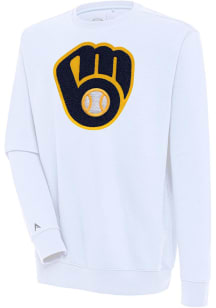 Antigua Milwaukee Brewers Mens White Chenille Logo Victory Long Sleeve Crew Sweatshirt