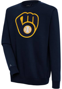 Antigua Milwaukee Brewers Mens Navy Blue Chenille Logo Victory Long Sleeve Crew Sweatshirt