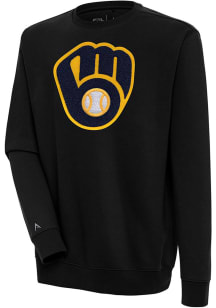 Antigua Milwaukee Brewers Mens Black Chenille Logo Victory Long Sleeve Crew Sweatshirt