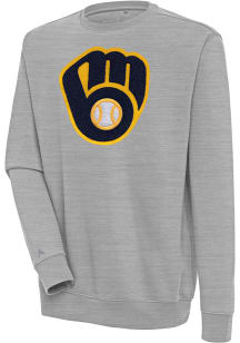 Antigua Milwaukee Brewers Mens Grey Chenille Logo Victory Long Sleeve Crew Sweatshirt