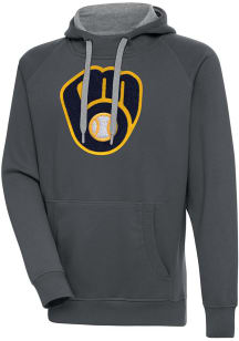 Antigua Milwaukee Brewers Mens Charcoal Chenille Logo Victory Long Sleeve Hoodie
