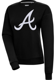 Antigua Atlanta Braves Womens Black Chenille Logo Victory Crew Sweatshirt