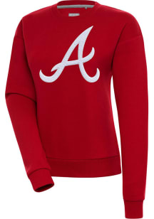 Antigua Atlanta Braves Womens Red Chenille Logo Victory Crew Sweatshirt