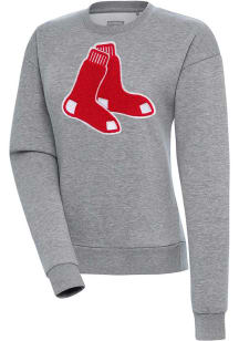 Antigua Boston Red Sox Womens Grey Chenille Logo Victory Crew Sweatshirt