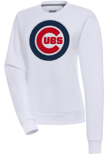 Antigua Chicago Cubs Womens White Chenille Logo Victory Crew Sweatshirt