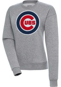Antigua Chicago Cubs Womens Grey Chenille Logo Victory Crew Sweatshirt