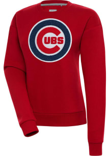 Antigua Chicago Cubs Womens Red Chenille Logo Victory Crew Sweatshirt
