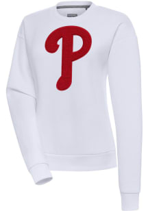 Antigua Philadelphia Phillies Womens White Chenille Logo Victory Crew Sweatshirt