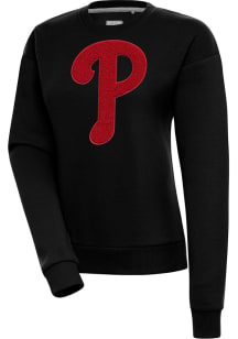Antigua Philadelphia Phillies Womens Black Chenille Logo Victory Crew Sweatshirt