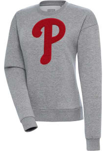 Antigua Philadelphia Phillies Womens Grey Chenille Logo Victory Crew Sweatshirt