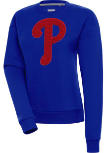 Antigua Philadelphia Phillies Womens Blue Chenille Logo Victory Crew Sweatshirt