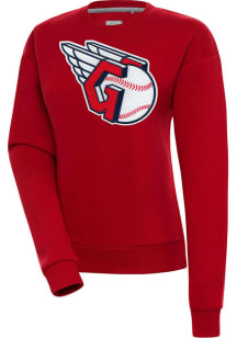 Antigua Cleveland Guardians Womens Red Chenille Logo Victory Crew Sweatshirt