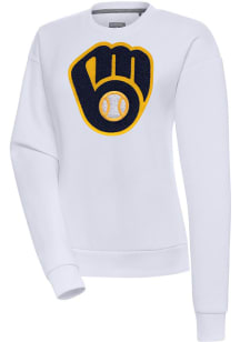 Antigua Milwaukee Brewers Womens White Chenille Logo Victory Crew Sweatshirt